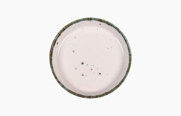 Plate 10cm Flirty. Porcelain plate. Bread and butter plate. Pink-coloured plate with blue spots (reactive glazes application).