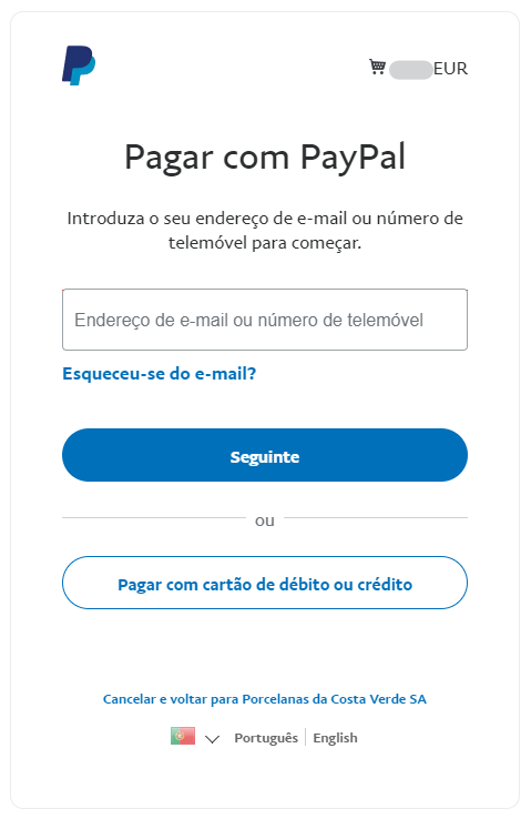 Pagar com PayPal - Selecionar pagar com cartão de débito ou crédito