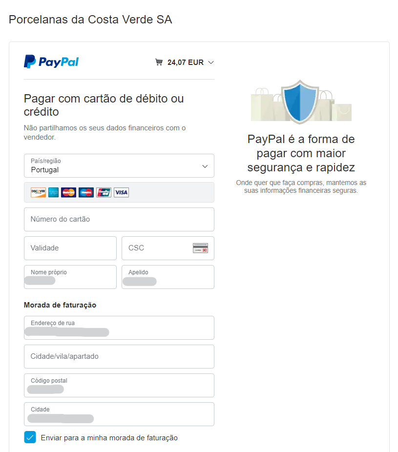 Pagar com PayPal - Inserir dados do cartão